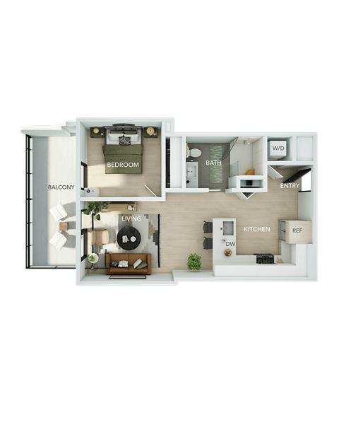 Floor plan for 1 bed, 1 bath, 598 sqft